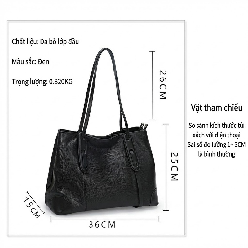 Túi Tote Nữ Da Bò Đeo Vai, Xách Tay, Dung Tích Lớn Màu Đen