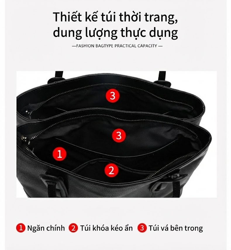 Túi Tote Nữ Da Bò Đeo Vai, Xách Tay, Dung Tích Lớn Màu Đen chi tiết 7