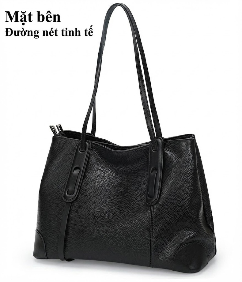 Túi Tote Nữ Da Bò Đeo Vai, Xách Tay, Dung Tích Lớn Màu Đen chi tiết 11