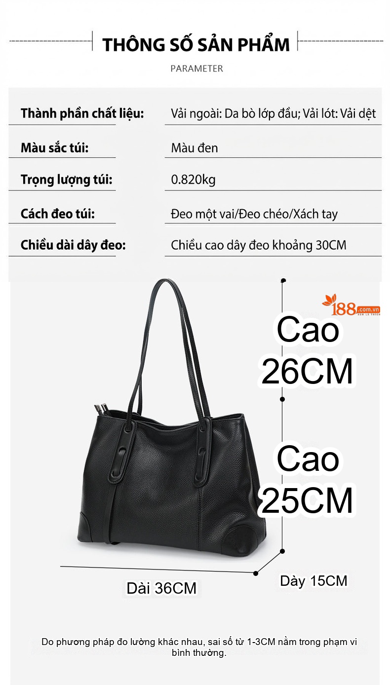 Túi Tote Nữ Da Bò Đeo Vai, Xách Tay, Dung Tích Lớn Màu Đen chi tiết 5