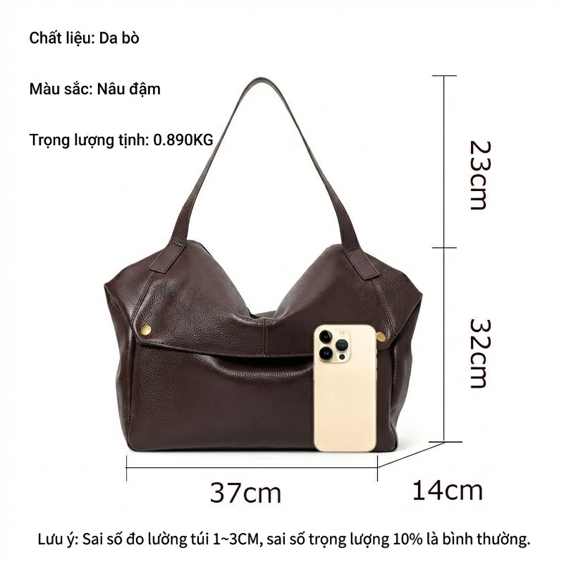 Túi Tote Nữ Da Bò Dung Tích Lớn Đeo Vai, Đeo Chéo Màu Nâu Đậm