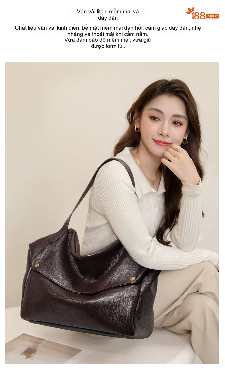Túi Tote Nữ Da Bò Dung Tích Lớn Đeo Vai, Đeo Chéo Màu Nâu Đậm chi tiết 2