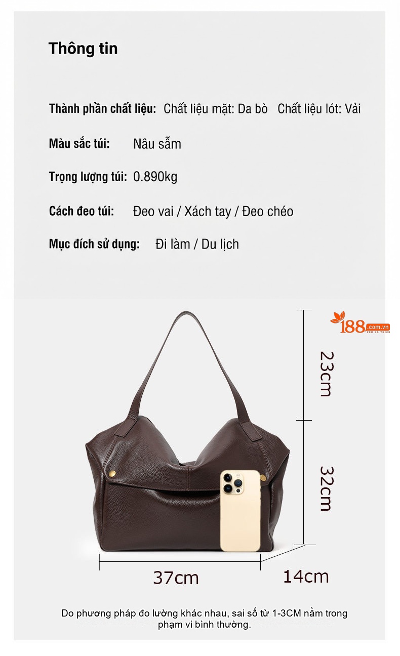 Túi Tote Nữ Da Bò Dung Tích Lớn Đeo Vai, Đeo Chéo Màu Nâu Đậm chi tiết 3