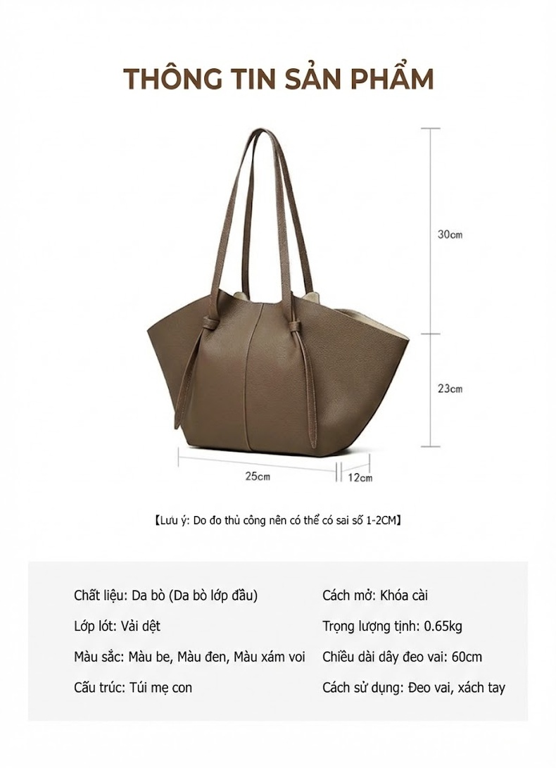 Túi Tote Nữ Da Bò Dung Tích Lớn Phong Cách Thời Trang Màu Nâu, Đen chi tiết 7