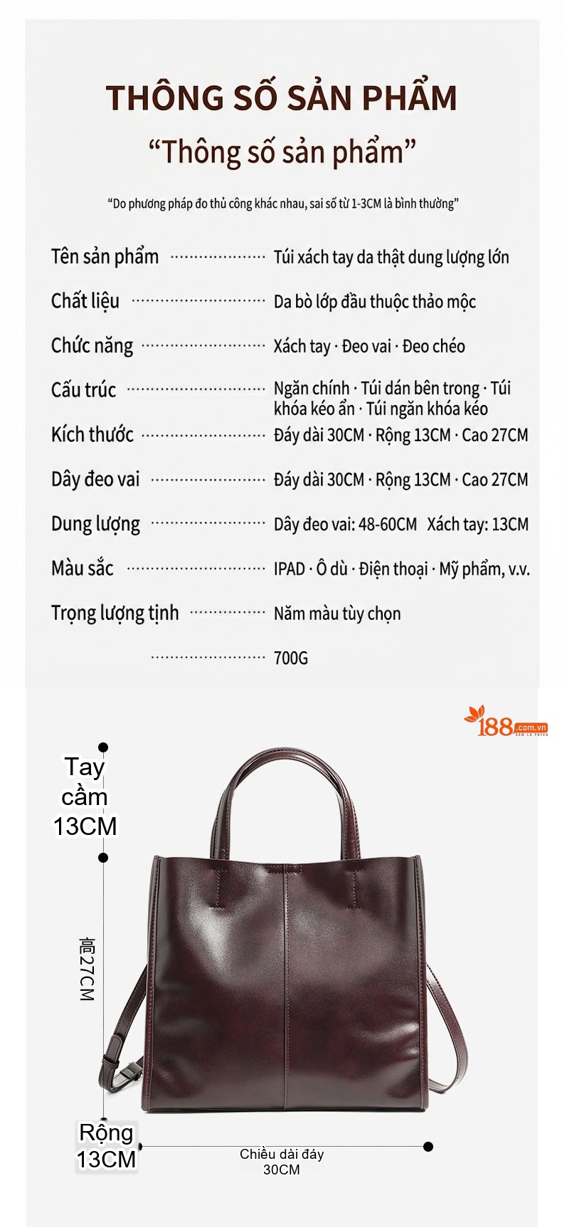 Túi Tote Nữ Da Bò Dung Tích Lớn Thời Trang Cao Cấp Màu Nâu Đỏ chi tiết 6