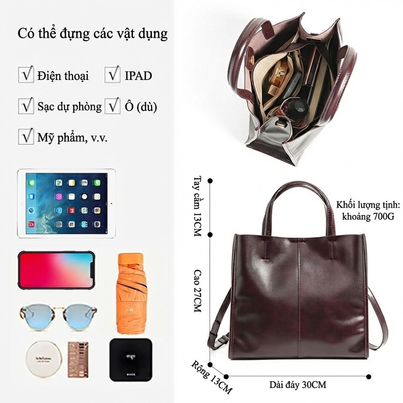 Túi Tote Nữ Da Bò Dung Tích Lớn Thời Trang Cao Cấp Màu Nâu Đỏ