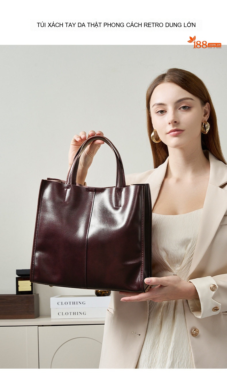 Túi Tote Nữ Da Bò Dung Tích Lớn Thời Trang Cao Cấp Màu Nâu Đỏ chi tiết 2