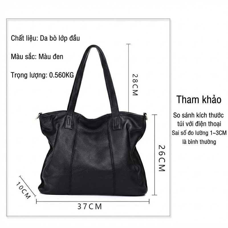 Túi Tote Nữ Da Bò Dung Tích Lớn Túi Đeo Vai Thời Trang Túi Xách Tay Màu Đen