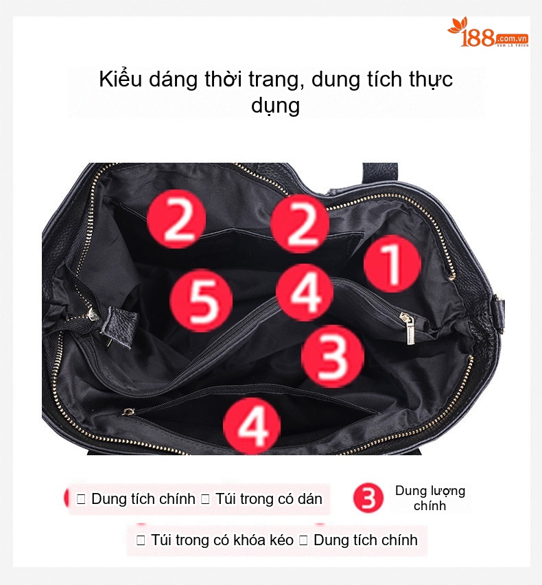 Túi Tote Nữ Da Bò Dung Tích Lớn Túi Đeo Vai Thời Trang Túi Xách Tay Màu Đen chi tiết 8