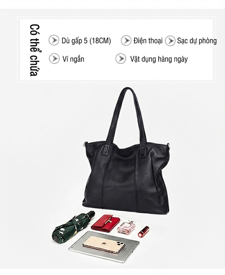 Túi Tote Nữ Da Bò Dung Tích Lớn Túi Đeo Vai Thời Trang Túi Xách Tay Màu Đen chi tiết 9