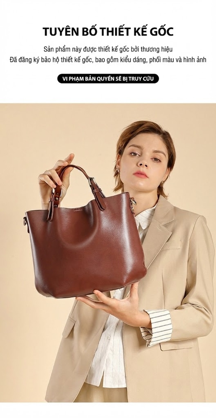 Túi Tote Nữ Da Bò Đựng Vừa A4 Sức Chứa Lớn Phong Cách Công Sở Đeo Vai, Đeo Chéo Màu Nâu chi tiết 1