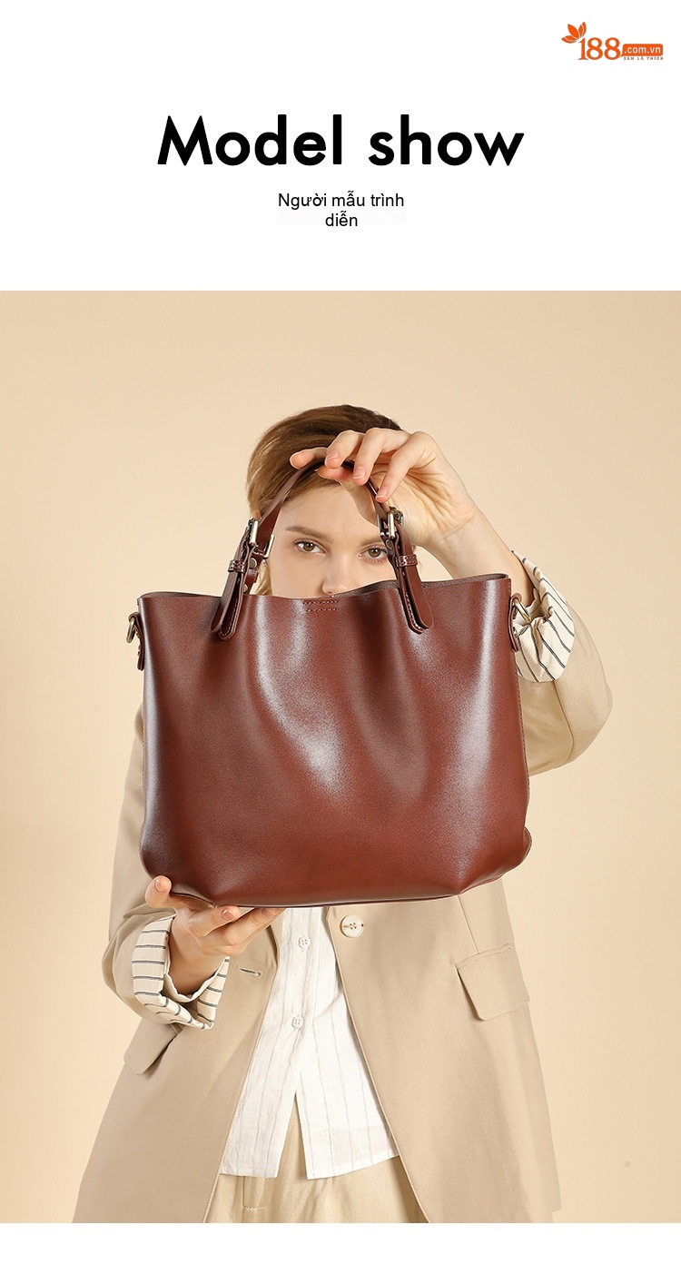 Túi Tote Nữ Da Bò Đựng Vừa A4 Sức Chứa Lớn Phong Cách Công Sở Đeo Vai, Đeo Chéo Màu Nâu chi tiết 9