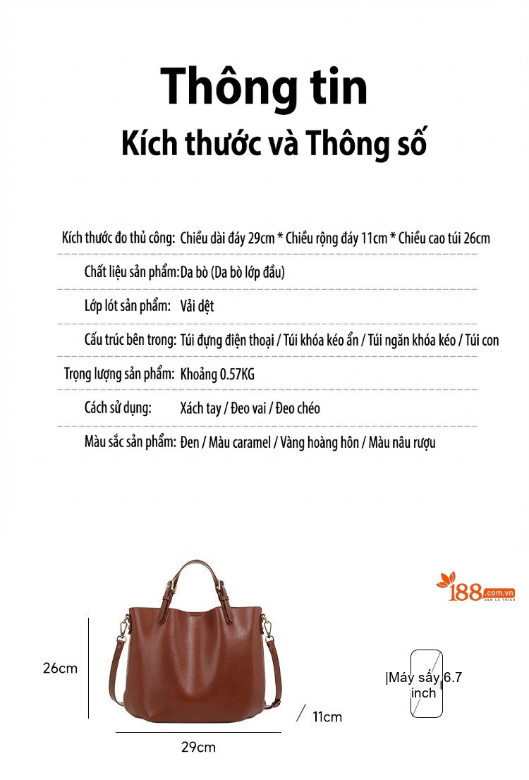 Túi Tote Nữ Da Bò Đựng Vừa A4 Sức Chứa Lớn Phong Cách Công Sở Đeo Vai, Đeo Chéo Màu Nâu chi tiết 3