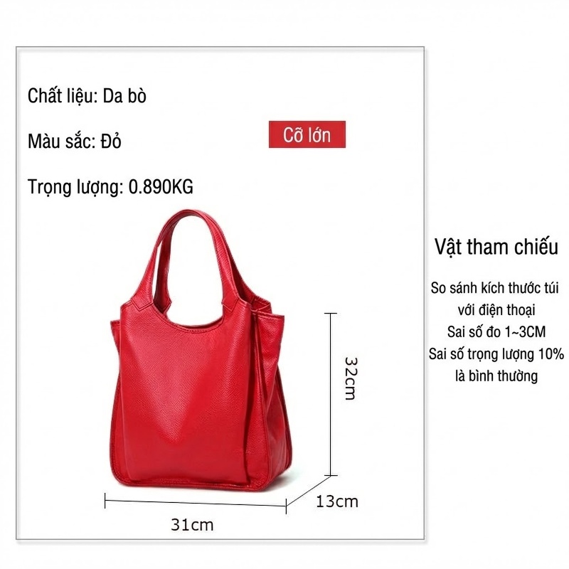 Túi Tote Nữ Da Bò Đựng Vừa A4 Thời Trang Màu Đỏ, Đen