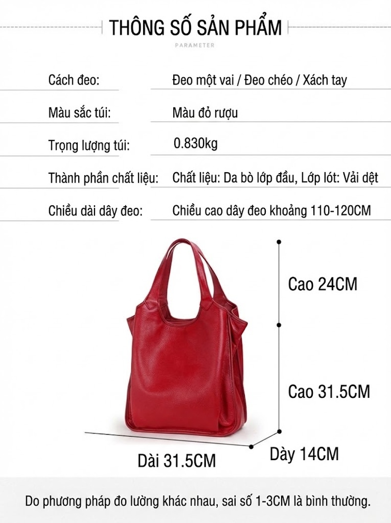 Túi Tote Nữ Da Bò Đựng Vừa A4 Thời Trang Màu Đỏ, Đen chi tiết 15