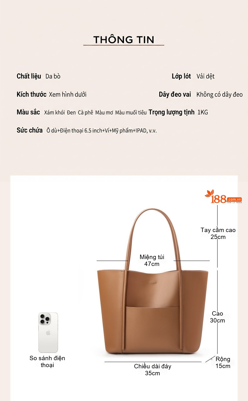 Túi Tote Nữ Da Bò Đựng Vừa A4, Túi Đeo Vai Công Sở Dung Tích Lớn Màu Nâu, Đen, Be chi tiết 23