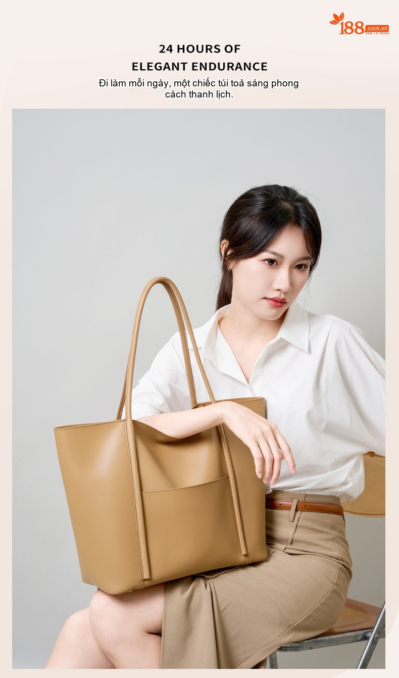 Túi Tote Nữ Da Bò Đựng Vừa A4, Túi Đeo Vai Công Sở Dung Tích Lớn Màu Nâu, Đen, Be chi tiết 4