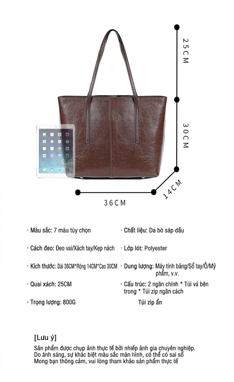 Túi Tote Nữ Da Bò Đựng Vừa Laptop Phong Cách Âu Mỹ Màu Nâu chi tiết 9