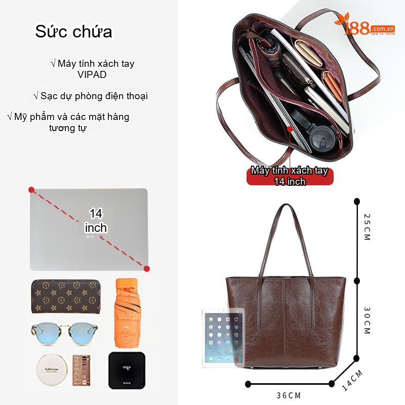 Túi Tote Nữ Da Bò Đựng Vừa Laptop Phong Cách Âu Mỹ Màu Nâu