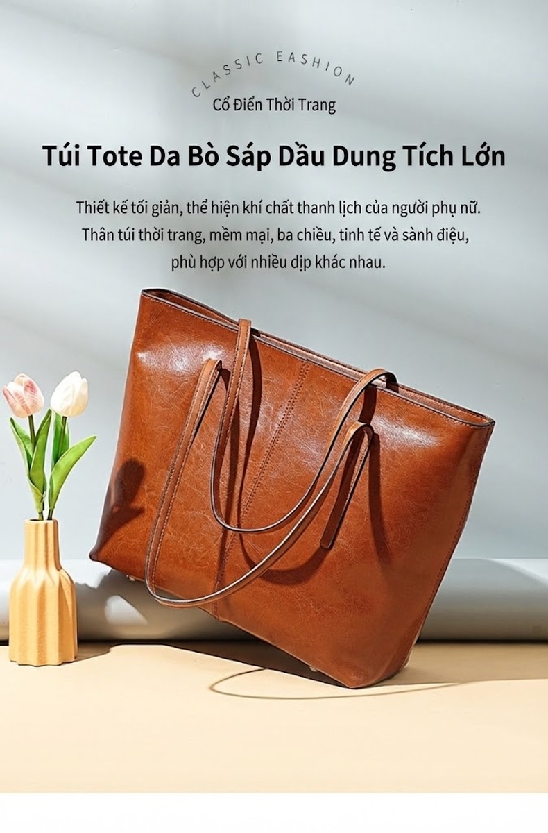 Túi Tote Nữ Da Bò Đựng Vừa Laptop Phong Cách Âu Mỹ Màu Nâu chi tiết 2