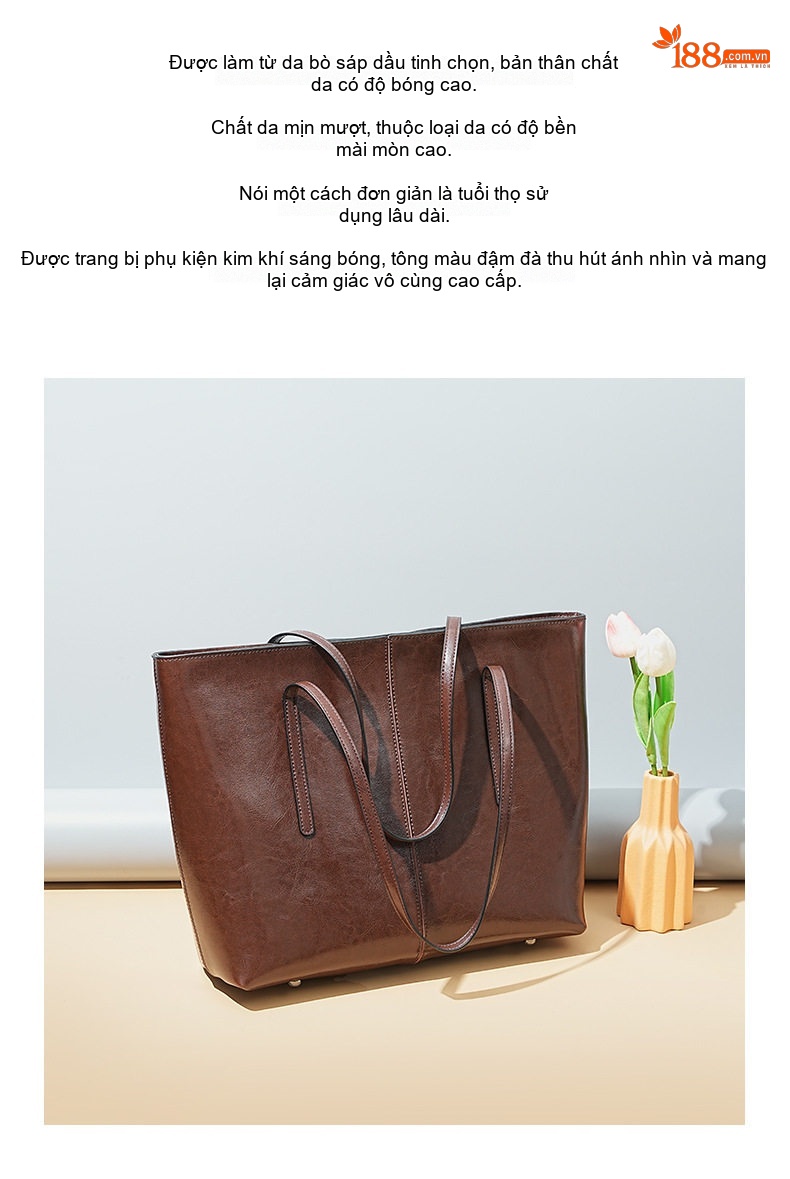 Túi Tote Nữ Da Bò Đựng Vừa Laptop Phong Cách Âu Mỹ Màu Nâu chi tiết 3