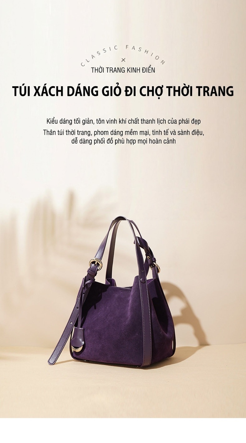 Túi Tote Nữ Da Bò Hai Lớp Đựng Vừa A4 Kiểu Túi Bucket Đeo Vai, Đeo Chéo Màu Tím, Xanh Navy chi tiết 1