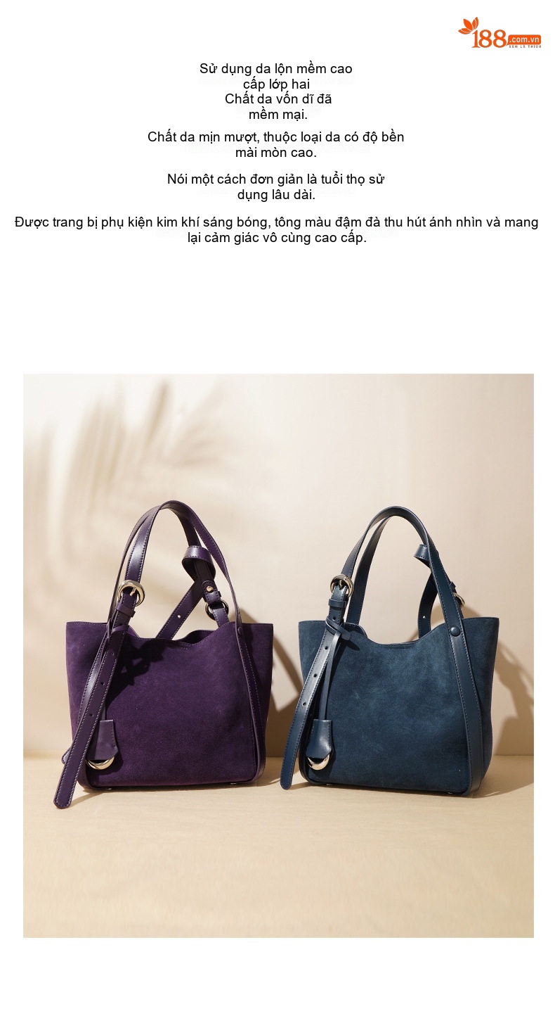 Túi Tote Nữ Da Bò Hai Lớp Đựng Vừa A4 Kiểu Túi Bucket Đeo Vai, Đeo Chéo Màu Tím, Xanh Navy chi tiết 2