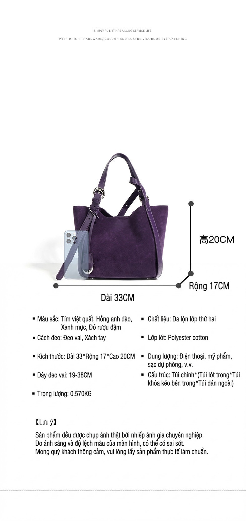 Túi Tote Nữ Da Bò Hai Lớp Đựng Vừa A4 Kiểu Túi Bucket Đeo Vai, Đeo Chéo Màu Tím, Xanh Navy chi tiết 7