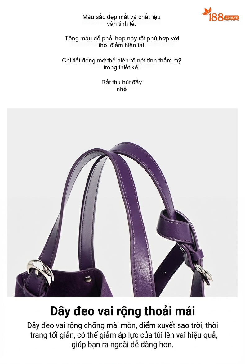 Túi Tote Nữ Da Bò Hai Lớp Đựng Vừa A4 Kiểu Túi Bucket Đeo Vai, Đeo Chéo Màu Tím, Xanh Navy chi tiết 11