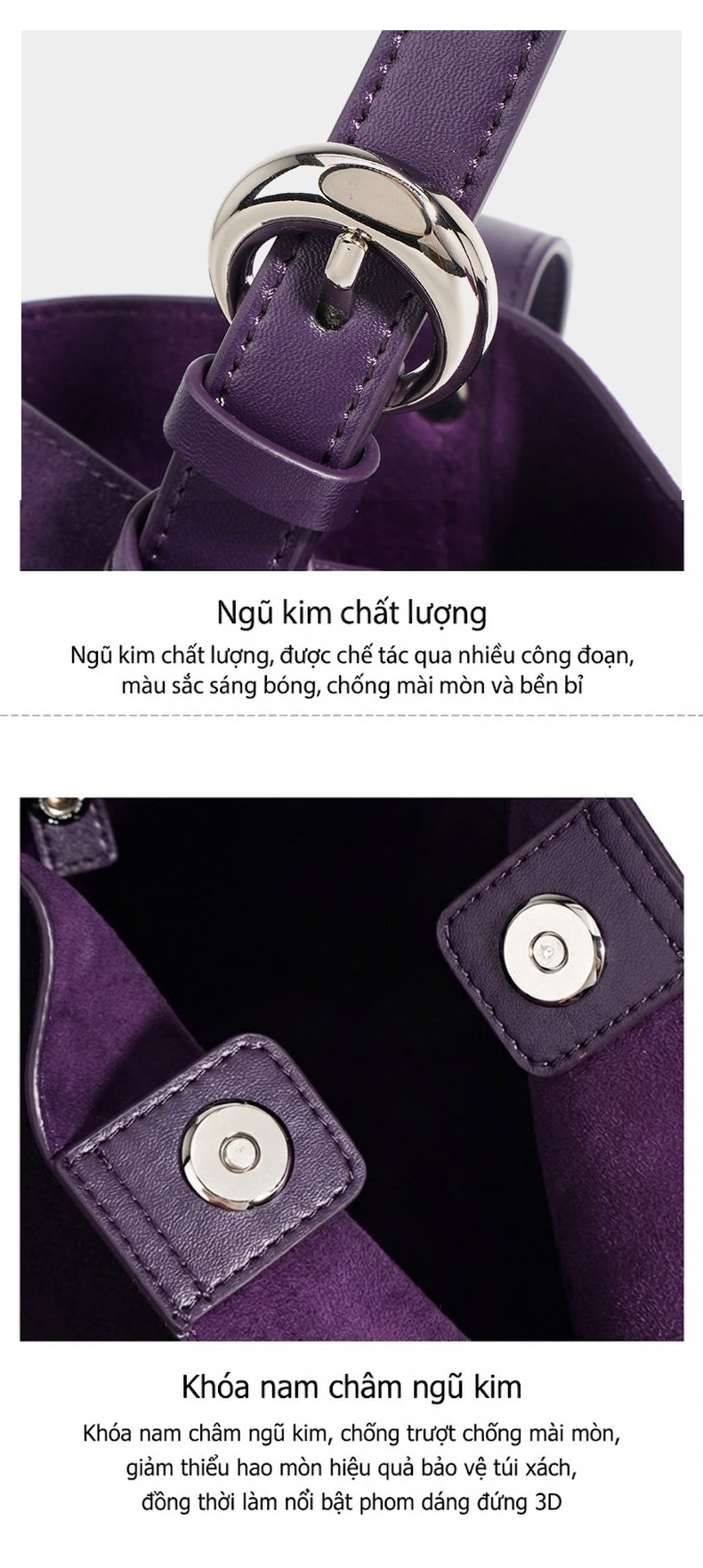 Túi Tote Nữ Da Bò Hai Lớp Đựng Vừa A4 Kiểu Túi Bucket Đeo Vai, Đeo Chéo Màu Tím, Xanh Navy chi tiết 12