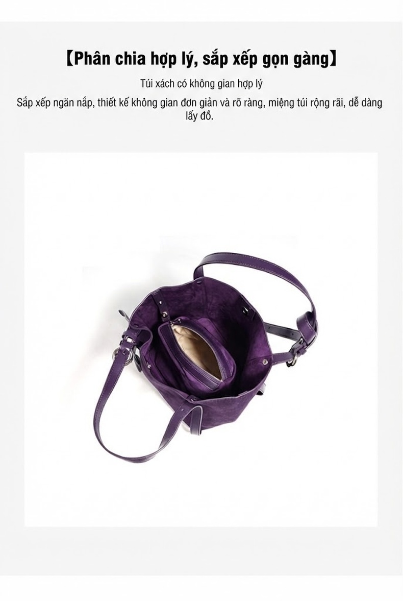 Túi Tote Nữ Da Bò Hai Lớp Đựng Vừa A4 Kiểu Túi Bucket Đeo Vai, Đeo Chéo Màu Tím, Xanh Navy chi tiết 8
