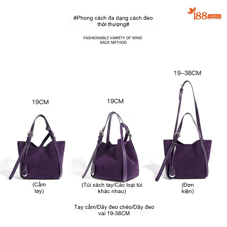 Túi Tote Nữ Da Bò Hai Lớp Đựng Vừa A4 Kiểu Túi Bucket Đeo Vai, Đeo Chéo Màu Tím, Xanh Navy