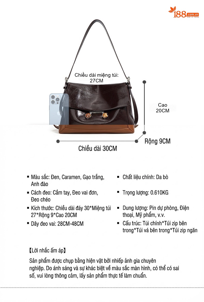 Túi Tote Nữ Da Bò Hai Tầng Thiết Kế Độc Đáo, Dung Tích Lớn, Đeo Chéo, Đeo Vai Màu Nâu, Đen chi tiết 7