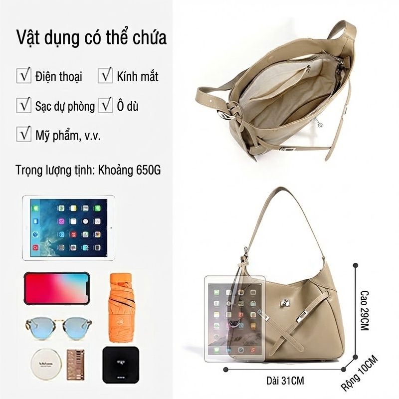 Túi Tote Nữ Da Bò Khóa Cài Phong Cách Cổ Điển Đựng Vừa A4 Màu Kem