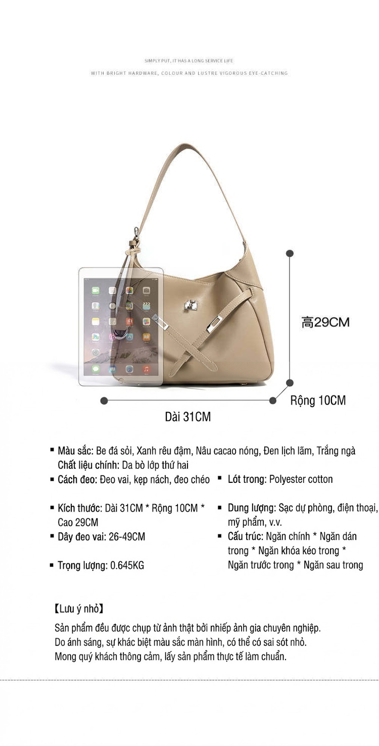 Túi Tote Nữ Da Bò Khóa Cài Phong Cách Cổ Điển Đựng Vừa A4 Màu Kem chi tiết 8