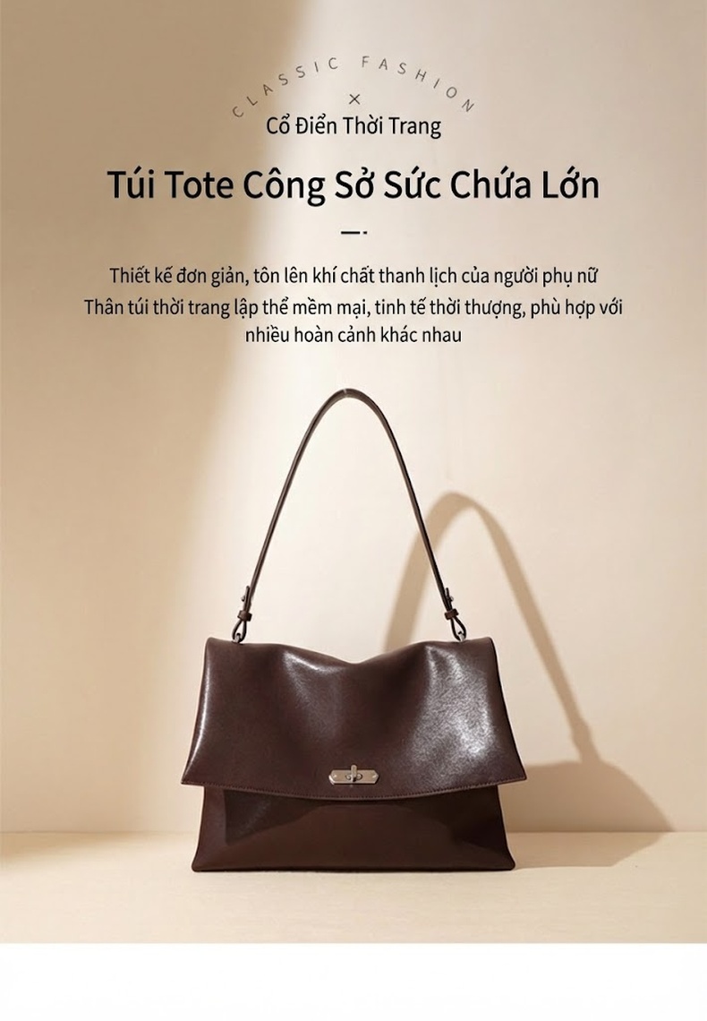 Túi Tote Nữ Da Bò Lớn Đeo Vai, Đeo Chéo Thiết Kế Hobo Màu Nâu, Đen chi tiết 2