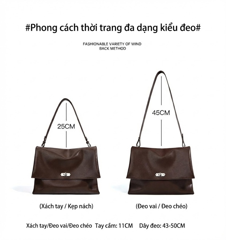 Túi Tote Nữ Da Bò Lớn Đeo Vai, Đeo Chéo Thiết Kế Hobo Màu Nâu, Đen chi tiết 10