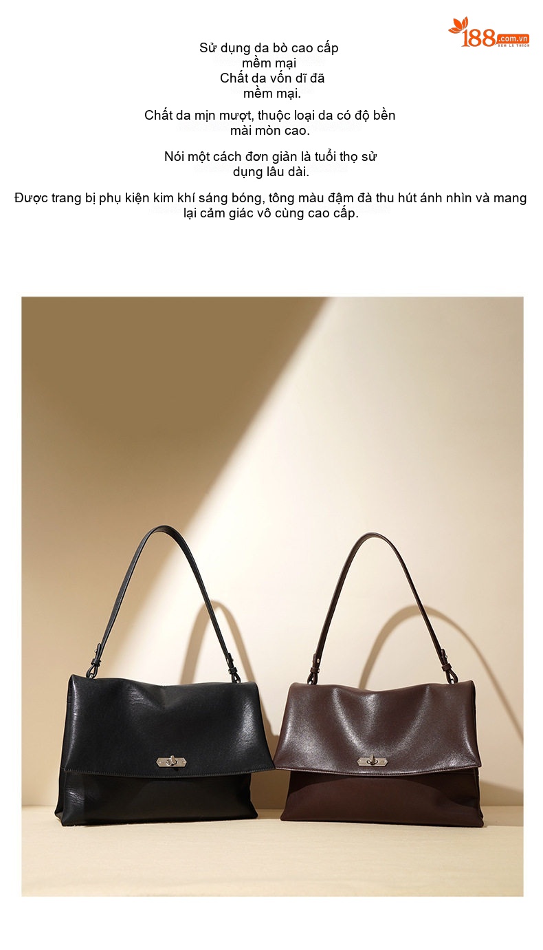Túi Tote Nữ Da Bò Lớn Đeo Vai, Đeo Chéo Thiết Kế Hobo Màu Nâu, Đen chi tiết 3