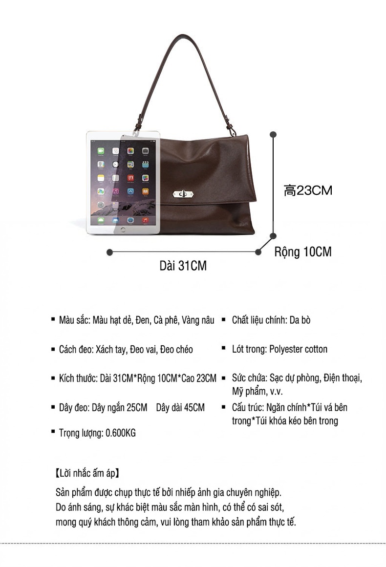 Túi Tote Nữ Da Bò Lớn Đeo Vai, Đeo Chéo Thiết Kế Hobo Màu Nâu, Đen chi tiết 7