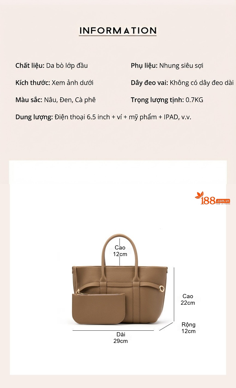 Túi Tote Nữ Da Bò Lớn Form Cứng Cao Cấp Màu Nâu, Kem, Đen chi tiết 6