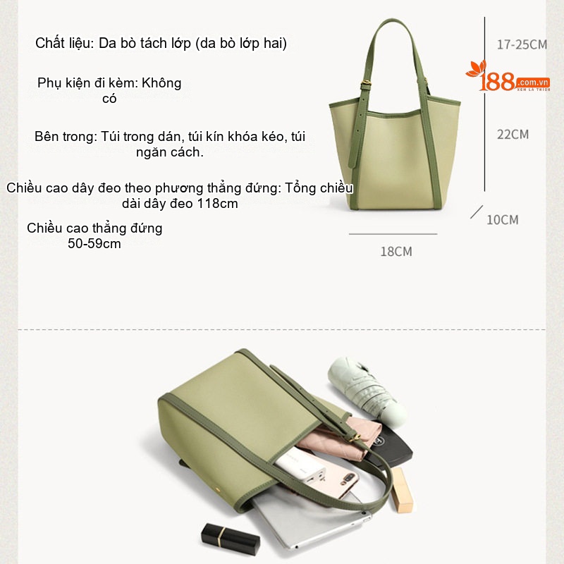 Túi Tote Nữ Da Bò Lớp Hai Đeo Vai Đeo Chéo Màu Trắng Kem, Xanh Lá