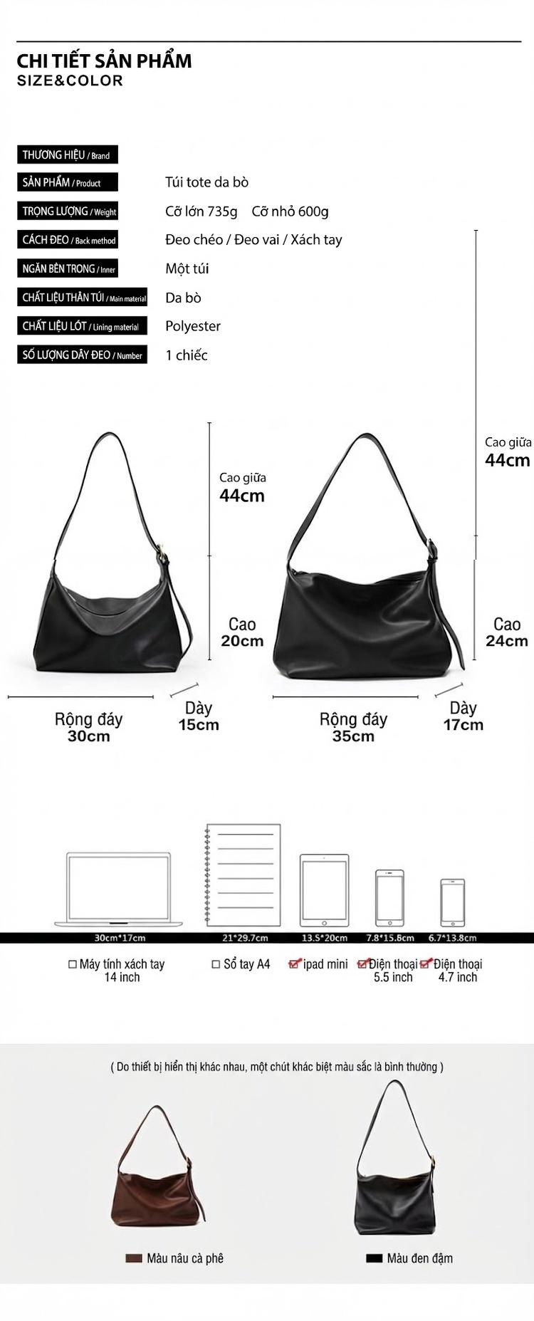 Túi Tote Nữ Da Bò Mềm Mại Sức Chứa Lớn Đeo Vai, Đeo Chéo Màu Đen, Nâu chi tiết 4