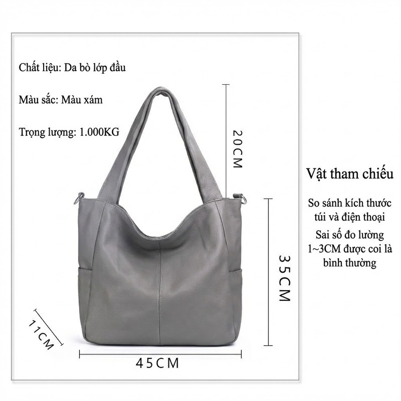 Túi Tote Nữ Da Bò Mềm Mại Sức Chứa Lớn Đeo Vai Đi Làm Hàng Ngày Màu Xám
