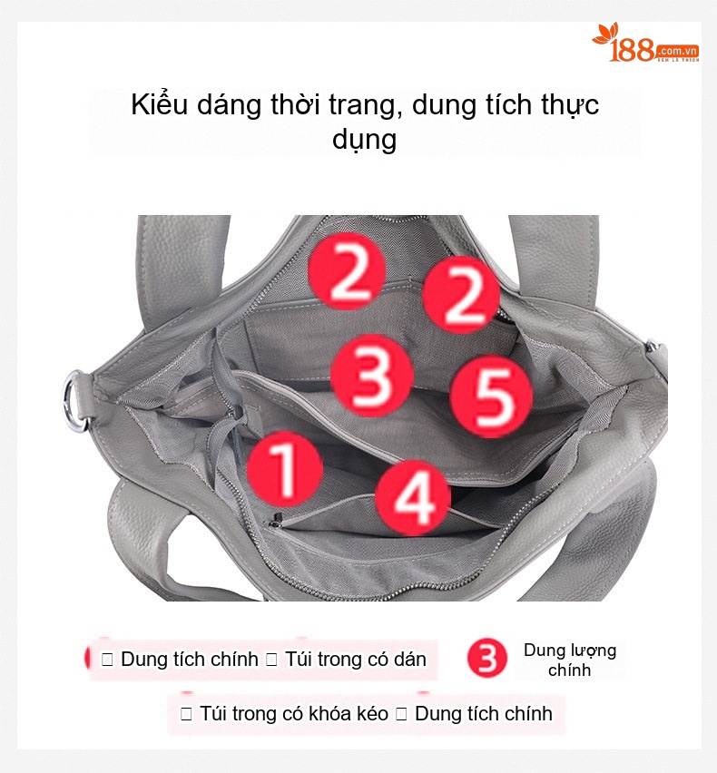 Túi Tote Nữ Da Bò Mềm Mại Sức Chứa Lớn Đeo Vai Đi Làm Hàng Ngày Màu Xám chi tiết 8