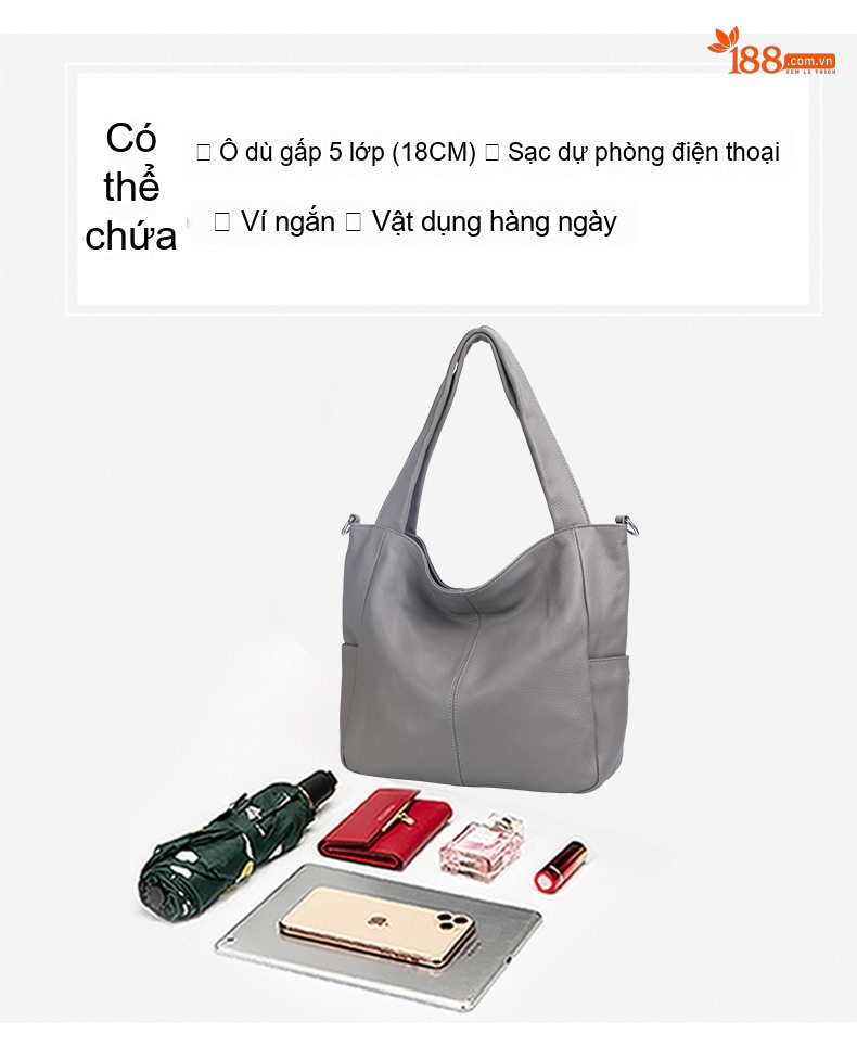 Túi Tote Nữ Da Bò Mềm Mại Sức Chứa Lớn Đeo Vai Đi Làm Hàng Ngày Màu Xám chi tiết 9