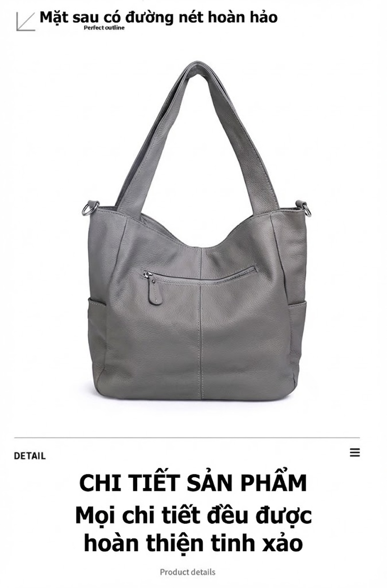 Túi Tote Nữ Da Bò Mềm Mại Sức Chứa Lớn Đeo Vai Đi Làm Hàng Ngày Màu Xám chi tiết 17