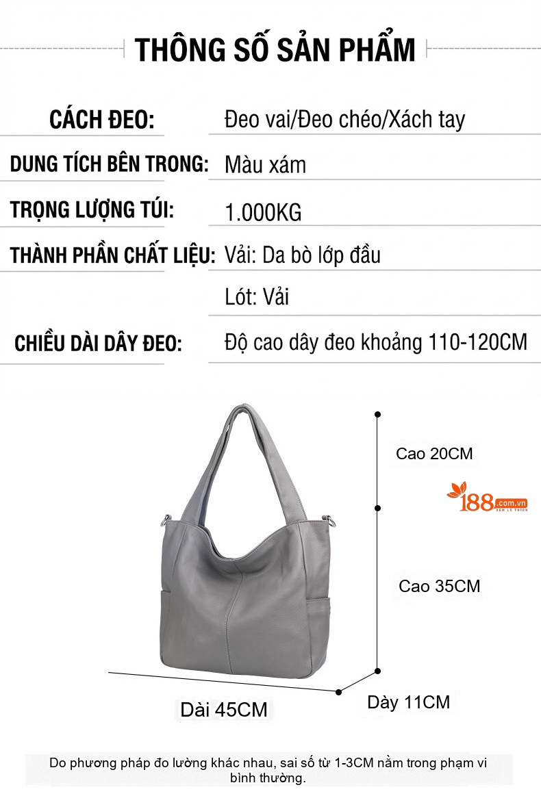 Túi Tote Nữ Da Bò Mềm Mại Sức Chứa Lớn Đeo Vai Đi Làm Hàng Ngày Màu Xám chi tiết 4