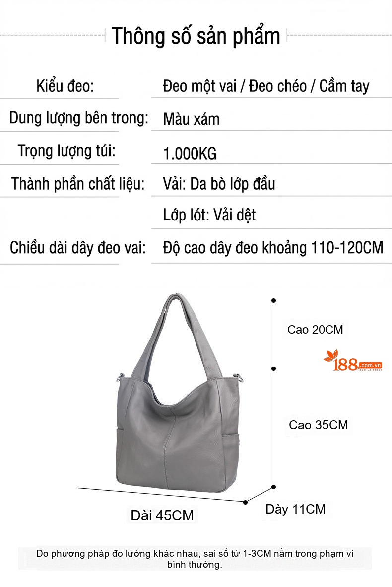 Túi Tote Nữ Da Bò Mềm Mại Sức Chứa Lớn Đeo Vai Đi Làm Hàng Ngày Màu Xám chi tiết 21
