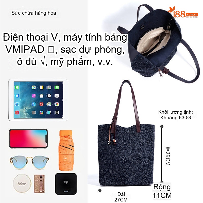 Túi Tote Nữ Da Bò Mờ Đeo Vai Đựng Vừa A4 Công Sở Màu Xanh Navy, Nâu, Xanh Rêu