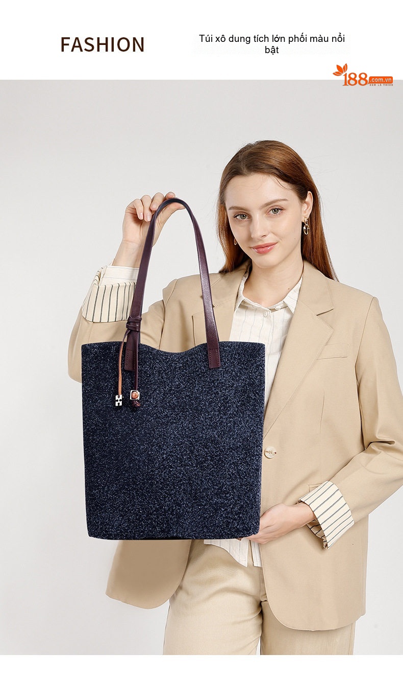 Túi Tote Nữ Da Bò Mờ Đeo Vai Đựng Vừa A4 Công Sở Màu Xanh Navy, Nâu, Xanh Rêu chi tiết 2